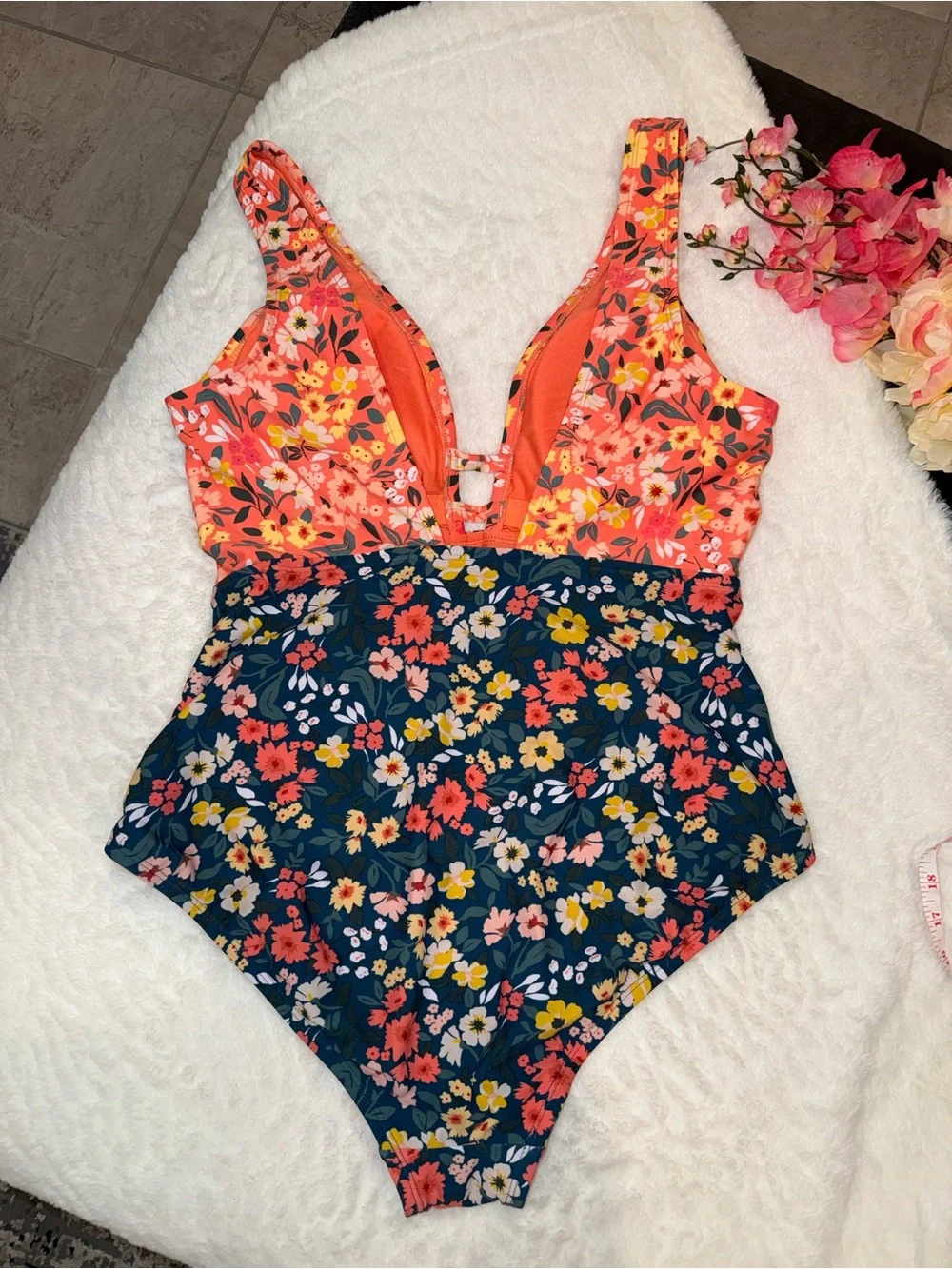 Floral Two-Tone One-Piece Swimsuit - Coral & Navy